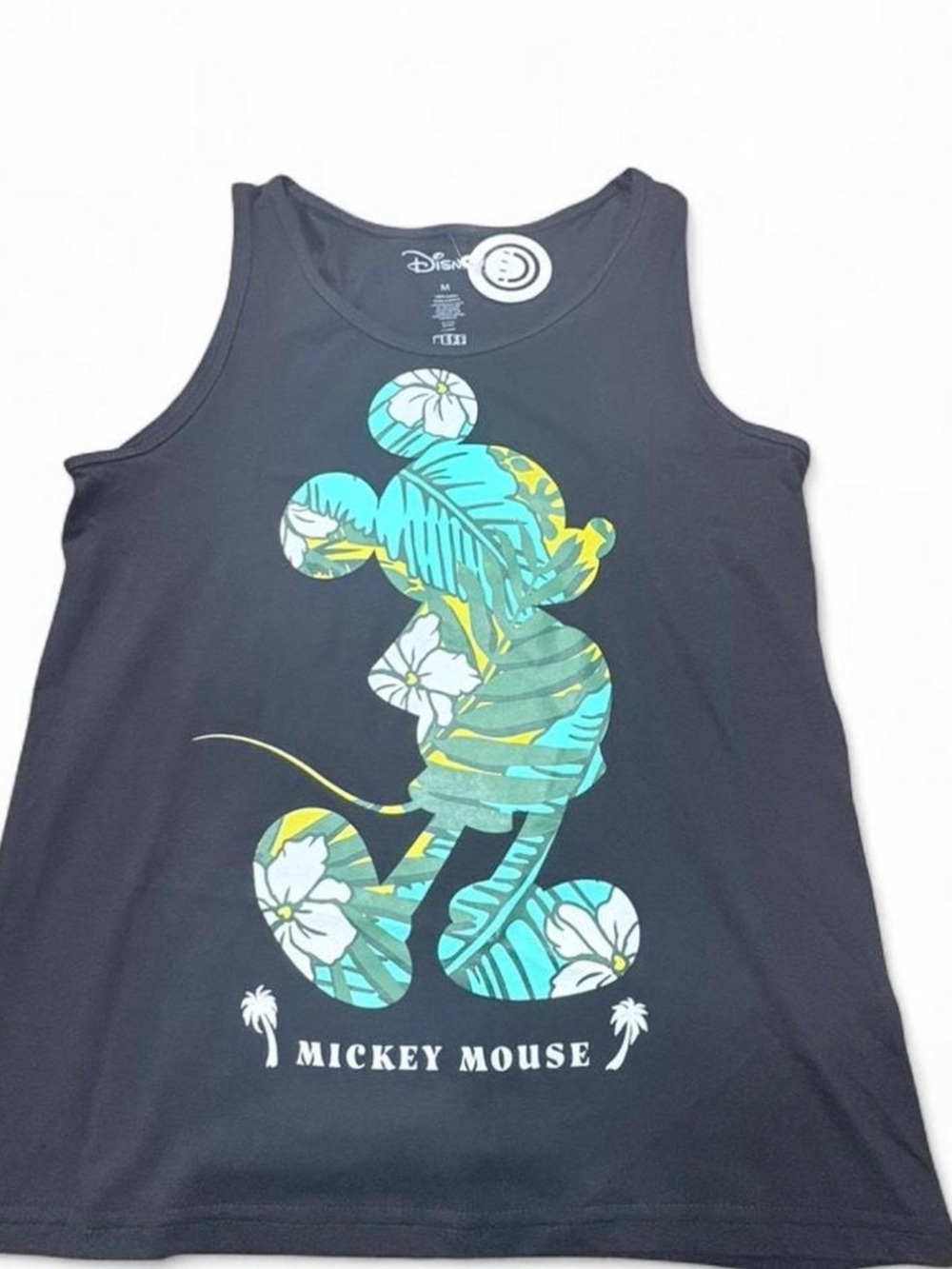 Disney Tropical Mickey Mouse Black Tank with Teal and Yellow Floral Graphic